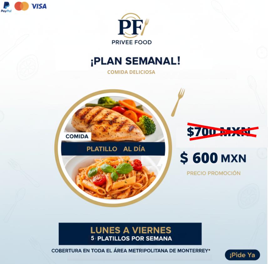 Plan oficinista Privee Food con 5 platillos listos para la semana a domicilio en Monterrey